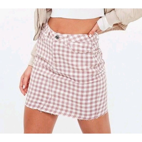 Missguided Sz 2 Pink White Gingham Denim Mini Skirt Distressed Y2K Stretch 24" - Picture 1 of 8